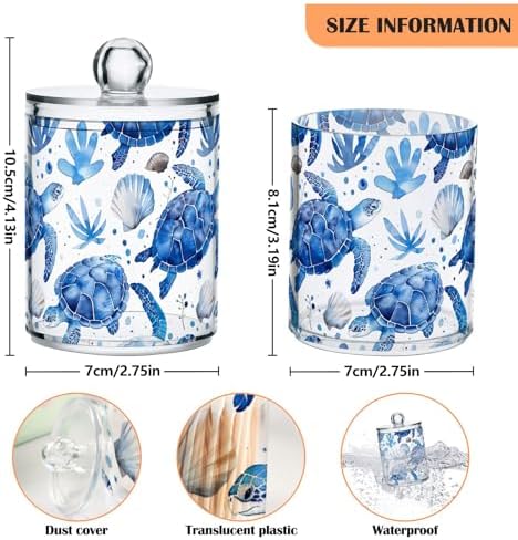 4 Pack Watercolor Blue Turtles and Shells Clear Plastic Jars 10 Oz Apothecary Jars with Lids Bathroom Counter Organizer for Cotton Pads, Cotton Ball, Cotton Swabs, Floss Picks
