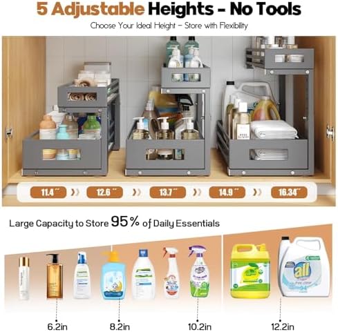 2-Pack Under Sink Organizers and Storage,2-Tier L Shape Pull Out Cabinet Organizer With Round Tube Slide Rails,Hight Adjustable Slide Out Drawers for Kitchen&Bathroom,Multi-Purpose Storage Shelf-Gray
