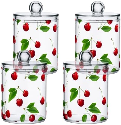 DOMIKING Cherry Leaves White 2 Pack Cotton Swab Holder Dispenser Plastic Jar Bathroom Storage Canister Acrylic Containers for Cotton Swab Round Pads Ball