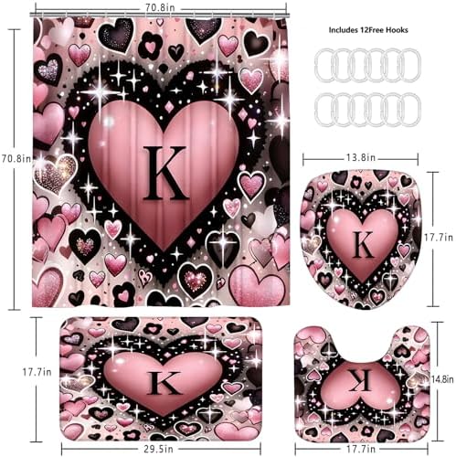 AZHM 4pcs Shower Curtain Set K Heart Print Bathroom Sets with Rugs 71*71 in