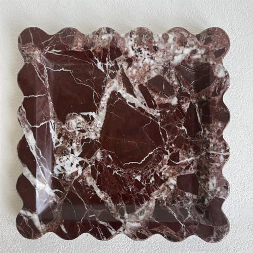 Vintage Natural Marble Tray Small Ornaments Scalloped Tray Handmade Storage Dish for Counter, Vanity, Dresser, Nightstand and Desk (Rosa Levanto)