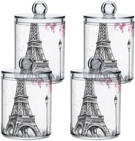 Apothecary Jars Bathroom Storage Organizer with Lid - 14 oz Qtip Holder Dispenser, Pink Paris Tower Clear Plastic Canister for Cotton Swab, Cotton Ball, 2PCS
