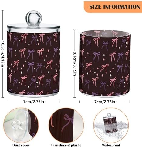 Gredecor 4 Pack Qtip Holder Clear Pink Purple Bows on Brown Apothecary Jars with Lids Acrylic Bathroom Jars Vanity Countertop Canister Storage Organizer for Cotton Ball,Swabs,Pads,Floss