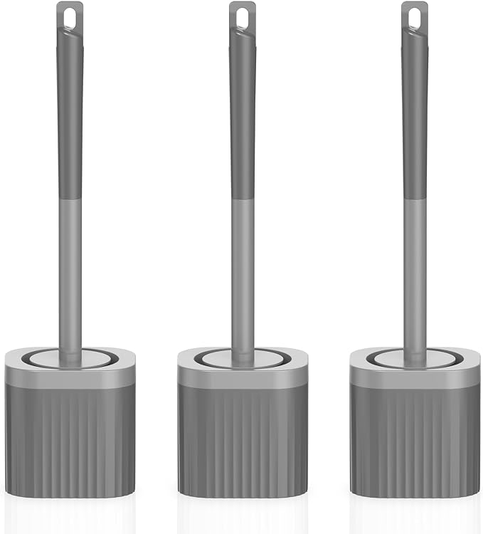 Toilet Bowl Brush and Holder, 3 Pack Compact Toilet Brush Set with Nylon Bristles Toilet Brush Hidden Scrubber Brushes for Bathroom Cleaning-Grey