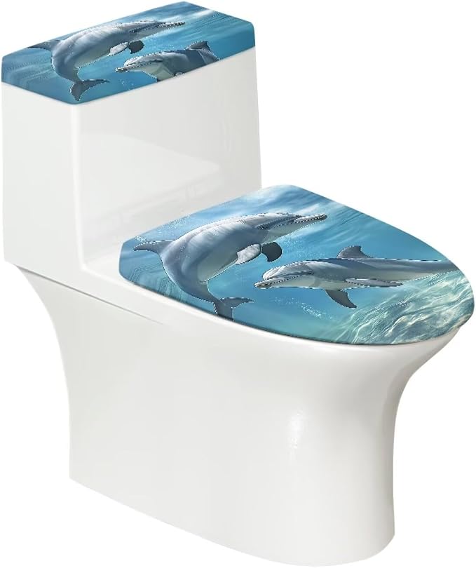 Sea Dolphin Toilet Seat Cover and Toilet Tank Cover Replacement Washable Soft Protective Decor Novelty Bathroom Accessory Set
