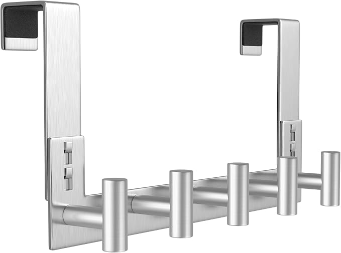 PMMASTO Over The Door Hooks, Door Hanger Hook for Hanging, Coat Rack Organizer for Bathroom, Towel Holder Bathroom Accessories (Silver 5 T-Hooks-Fits 1-3/4" Thick Door)