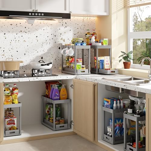 2PC Under Sink Organizer Rack 2 Tier Under Sliding Cabinet Basket Organizer Drawer with 4 Hooks, Multi-purpose Under Sink Storage for Bathroom Kitchen Desktop（Grey）