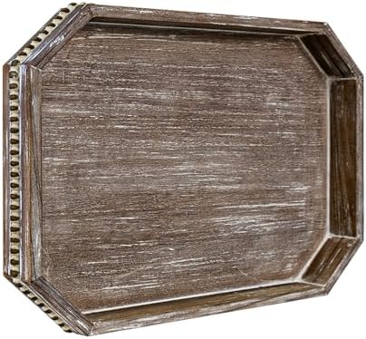 Wooden Decorative Tray, Rustic Serving Tray with Wood Bead, Farmhouse Big Tray for Ottoman, Countertop, Coffee Tabl, 16.5" x 13"x 1.6" (Retro Brown)