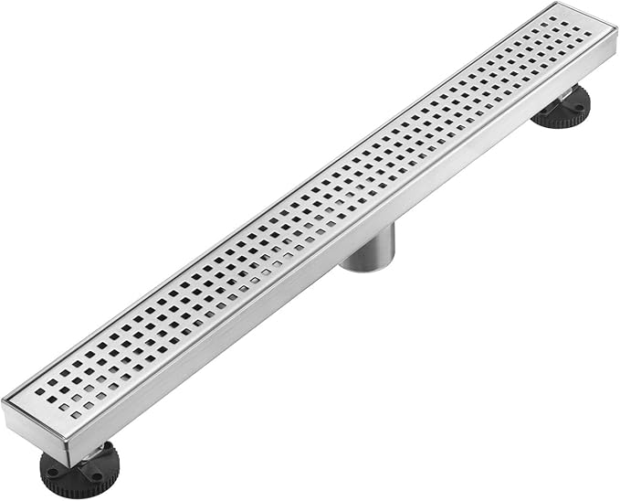 AVSIILE Linear Shower Floor Drain, Brushed Nickel 28 Inch 304 Stainless Steel Bathroom Drains Kit, Long Rectangular Shower Trench Drain with Square Pattern Drain Cover & Hair Catcher