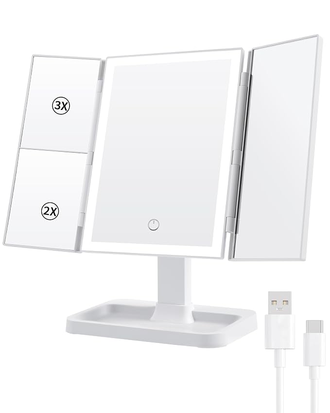 BWLLNI Trifold Vanity Mirror with Lights, Smooth Surface Makeup Mirror | 2X/3X Magnification, 3 Colors Dimmable, 270° Rotation, Height Adjustable Stand with Storage Base