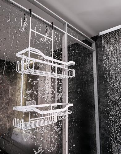 HapiRm Hanging Shower Caddy Over the Door with Soap Holder, No Drilling Adhesive Shower Organizer with 11 Hooks, Rustproof & Waterproof 304 Stainless Steel Bathroom Shelves - White