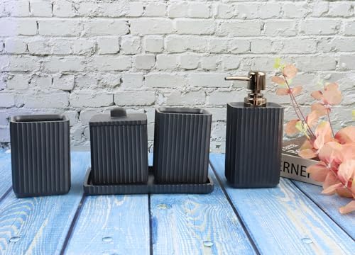 Hymmah Black Bathroom Accessories Set,Unique Design Bathroom Set 5 Pcs Resin Gift Set Apartment Necessities, Contain Cotton Swab Jar,Soap Dispenser,Soap Dish/Tray,Tumbler