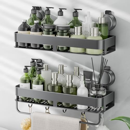 Corner Shower Caddy,Suction Cup Shower Caddy with Hooks,No Drilling Rustproof Aluminum Bathroom Organizers and Storage,Shelves for Bathroom Accessories Decor (15.7inch-Gunmetal Gray)
