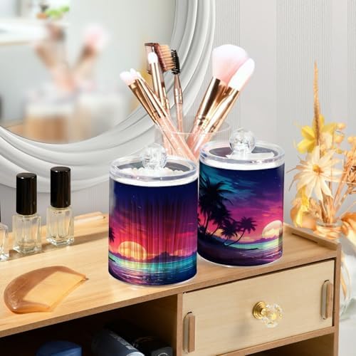 2 Pack Qtip Holder Organizer Dispenser Palm Tree Beach Tropical Bathroom Storage Canister Cotton Ball Holder Container for Cotton Pads/Swabs/Floss