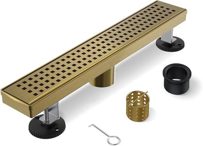 Titanium Gold Shower Drain, 18 Inch Linear Shower Drain with Removable Square Hole Cover Grate, Bathroom 304 Stainless Steel Brushed Gold Shower Floor Drain with Adjustable Feet,Hair Filter