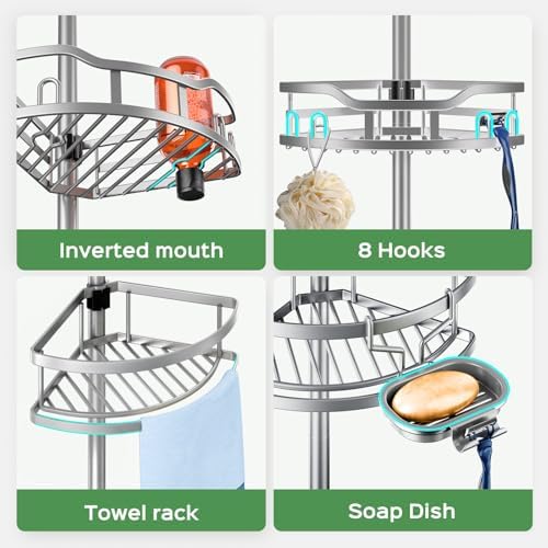 HAMITOR Shower Caddy Tension Pole: Rustproof Quick Install Standing Corner Bathroom Organizer Shelf on Floor for Renters - 4-Tier Large Capacity Storage Rack with Soap Holder for Apartment -Silver