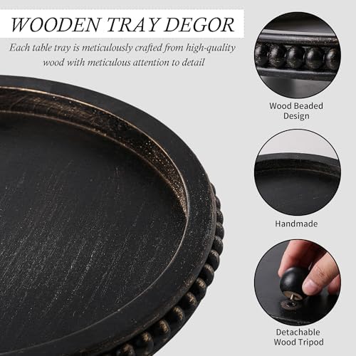 Black Round Wooden Tray for Decor, Rustic Farmhouse Centerpiece