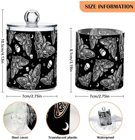 MNSRUU 2 Pack Qtip Holder Organizer Dispenser Moth Skull Moon Esoteric Bathroom Storage Canister Cotton Ball Holder Bathroom Containers for Cotton Swabs/Pads/Floss