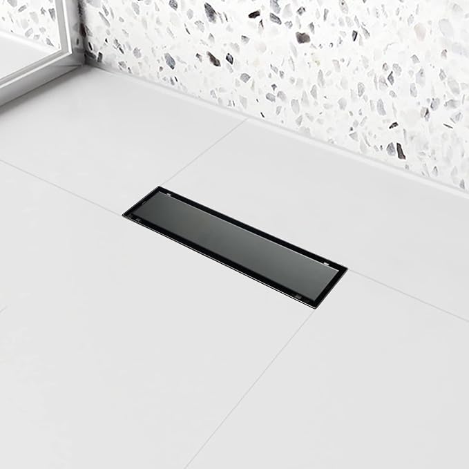Linear Shower Drain, 12 inch Black Drain with Tile Insert 2-in-1 Panel, Brushed 304 Stainless Steel Shower Floor Drain, Linear Drain with Hair Strainer and Adjustable Feet