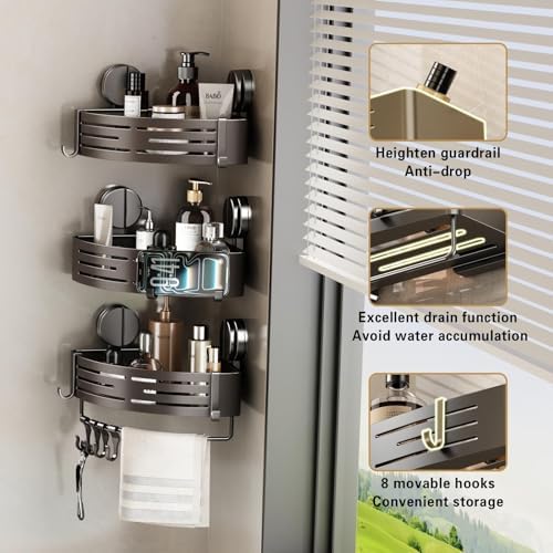 VOLPONE Shower Caddy Suction Shower Shelf No Drilling Shower Organizer Suction Cup Shower Storage Rack Aluminum Wall Mounted Shampoo Holder with Towel Bar Hooks (3-Pack, Matte Gray)