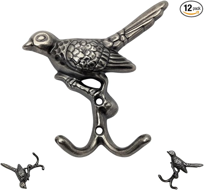 12 pcs Antique Silver Bird Decorative Wall Hooks for Hanging Coats, Keys, Towels, Bags, and More