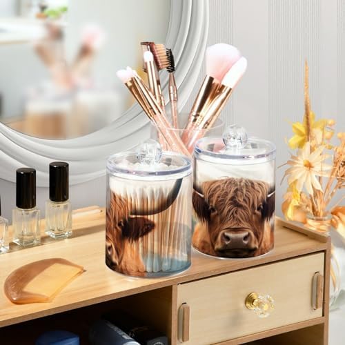 4 Pack Apothecary Jars Bathroom Highland Cow Qtip Holder Dispenser Clear Plastic Storage Canister Jar with Lid for Cotton Ball, Cotton Swab