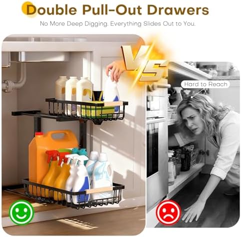 Under Sink Organizer, Heavy-Duty & Rust-Resistant Carbon Steel Metal, 2 Tier Pull Out Under Bathroom Sink Storage, Adjustable Height (13.8" -16.9"), Organizer for Kitchen Cabinet(2PCS,Black)