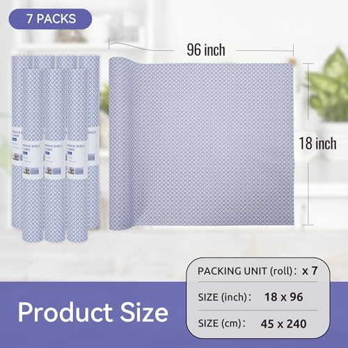 FIFTY FEET 18"x96" Non-Adhesive Shelf Liner for Kitchen Cabinets and Drawers, Washable Non-Slip PVC Cabinet Liner (Blue Circle)(7 Roll)