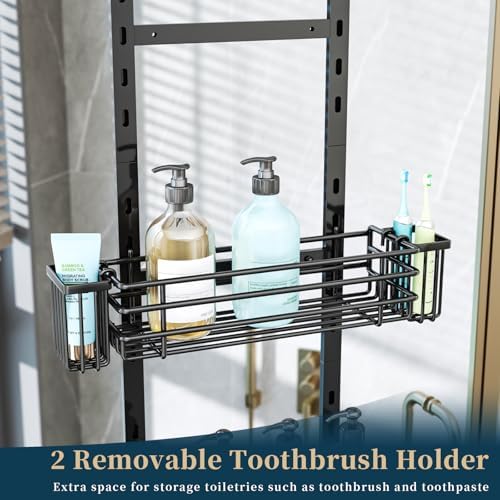 Consumest Over The Door Shower Caddy - 5 Tier Adjustable Shower Organizer Hanging with 2 Toothbrush Holders & 4 Hooks, Rustproof Organizer Shelf, Storage Rack for Bathroom, Black