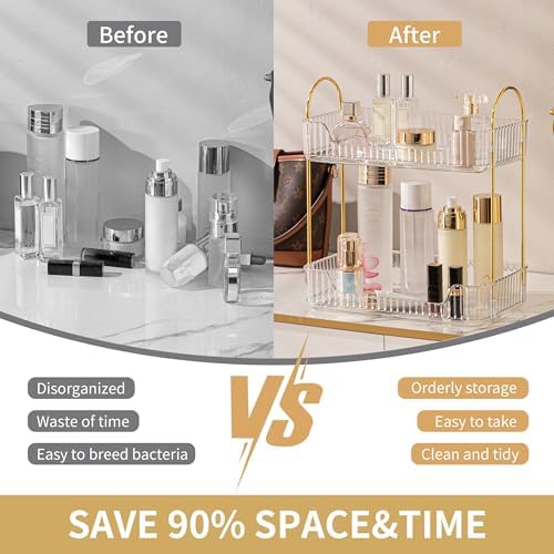 YCIA&DONE Bathroom Organizer Countertop, Makeup Storage, Skincare Cosmetic Tray Shelf, Perfume Holder Rack for Vanity Counter, Large Capacity, Easy to Install, Clean, 2 Tiers, Clear White