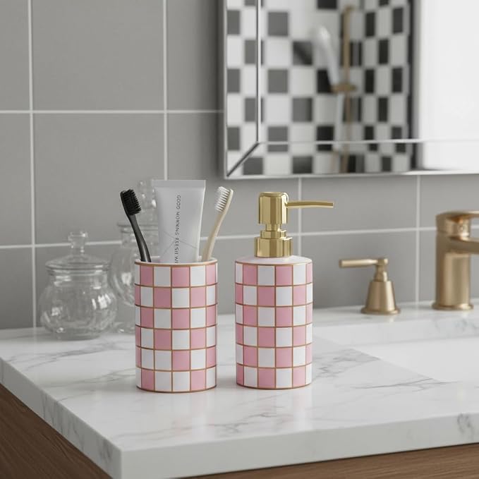 Bathroom Toothbrush Holder Set, Ceramic Checkered Soap Dispenser and Tooth Brush Holder Set, Modern Bathroom Accessories Sets Countertop, Black and White Checkered Bathroom Decor Set (Pink)