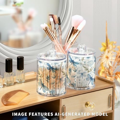 2-Pack Qtip Holder Dispenser with Lids, Blue Floral Dragonflies Plastic Storage Containers - Bathroom Canisters Organizer for Cotton Swab, Floss 21215128