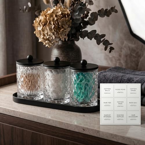 3 Pcs 16oz Glass Apothecary Jars with Lids, Cotton Swab Storage, Black