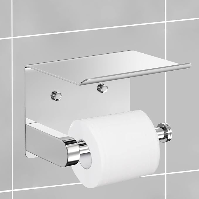 VAEHOLD Self Adhesive Toilet Paper Holder with Phone Shelf Stainless Steel Wall Mounted Toilet Paper Roll Holder - Bathroom Washroom Tissue Roll Holder with Storage Shelf - Bright Surface
