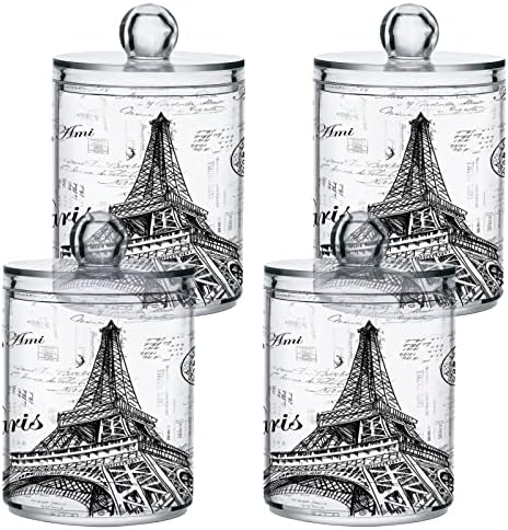Apothecary Jars Bathroom Storage Organizer with Lid - 14 oz Qtip Holder Dispenser, Paris Eiffel Tower Clear Plastic Canister for Cotton Swab, Cotton Ball, 2PCS