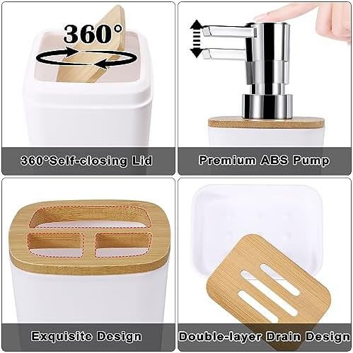 White Bathroom Accessories Set, 9 Piece Bathroom Accessory Set with Trash Can,Toothbrush Holder,Toothbrush Cup,Lotion Soap Dispenser,Vanity Tray,Soap Dish,Toilet Brush,Qtip Holder