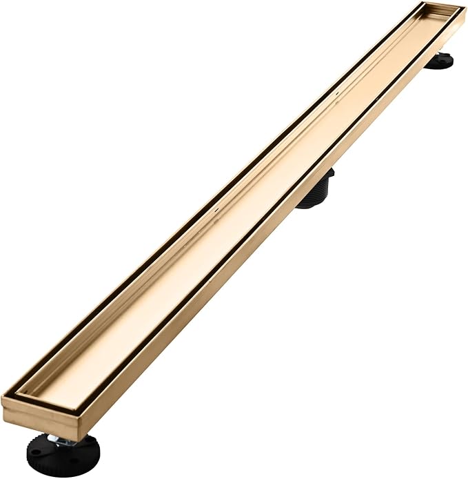 AVSIILE Linear Shower Floor Drain, Brushed Gold 48 Inch 304 Stainless Steel Bathroom Drains Kit, Rectangular Shower Trench Drain with Reversable Tile-in Pattern Drain Cover & Hair Catcher