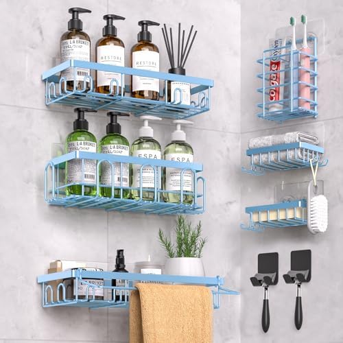DTUQYX Shower Caddy 9 Pack,Adhesive Organizer for Bathroom Decor Accessories & Kitchen Storage,No Drilling,Large Capacity,Rustproof Stainless Steel Organizer,Home Decor Shelves (Blue 9 Pack)