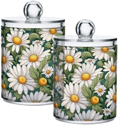 Daisies Pattern Qtip Holder 2 Pack - 10 Oz Clear Plastic Apothecary Jar Set for Bathroom Organization - Versatile Canister Storage for Cotton Balls, Swabs, Rounds