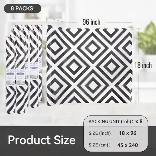 FIFTY FEET 18"x96" Non-Adhesive Shelf Liner for Kitchen Cabinets and Drawers, Washable Non-Slip PVC Cabinet Liner (Black Plaid)(8 Roll)