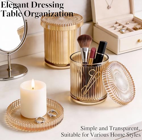 2‑Pack Amber Ribbed Glass Qtip Holder, Vanity & Bathroom Makeup Storage