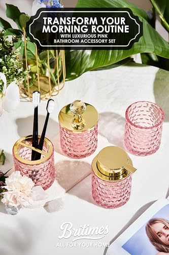 Britimes Bathroom Accessories Set of 4, Pink Glass Complete