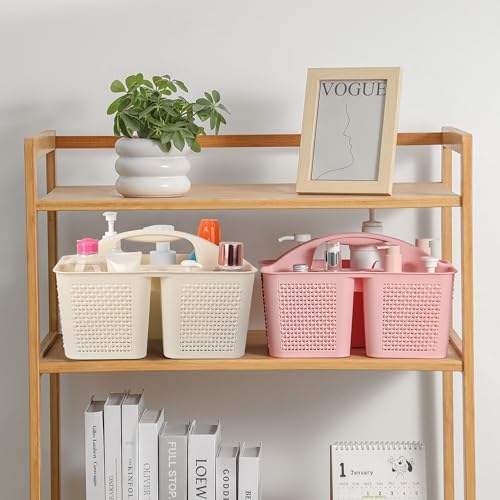 Plastic Portable Shower Caddy Basket with Handle, 3 Compartments, Beige