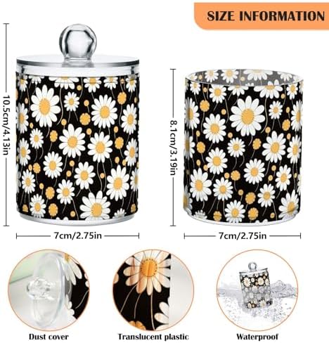 Yellow and White Daisy Flowers Qtip Holder Dispenser Set of 2, Clear Apothecary Plastic Jars Bathroom Storage Containers for Cotton Pads, Cotton Ball, Cotton Swabs, Floss Picks 10 Oz