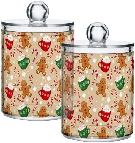 Gredecor Qtip Holder Dispenser 2 Pack Cute Gingerbread Men Snowflakes Candy Bathroom Decorative Storage Canister Holder Counter Vanity Organizer for Cotton Ball Swabs Pads Floss