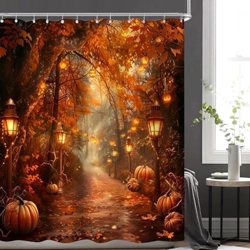 NBVKO Fall Thanksgiving Day Shower Curtain Sets，Autumn Maple Forest Bathroom Shower Curtain with Non-Slip Rug Toilet Lid Cover Bath Mat 12 Hooks， Pumpkin Bathroom Decor Set
