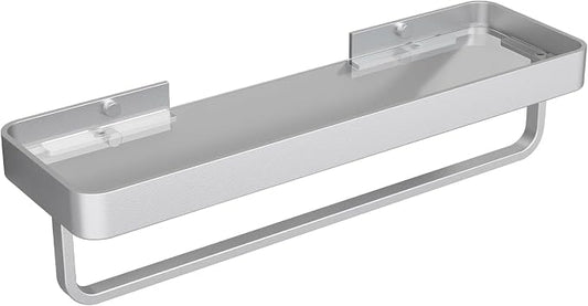 Danpoo 16 Inch Long Floating Bathroom Shelf with Towel Bar, Clear Tempered Glass Wall Shelf with Hand Towel Holder for Bathroom Storage Organizer, Matte Silver