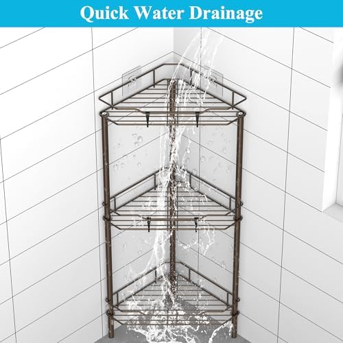HuggieGems Metal Floor Standing Corner Shower Caddy, Bronze, 3 Tier