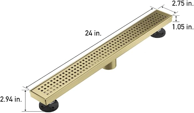 AVSIILE Linear Shower Floor Drain, Brushed Gold 24 Inch 304 Stainless Steel Bathroom Drains Kit, Long Rectangular Shower Trench Drain with Square Pattern Drain Cover & Hair Catcher