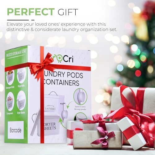 Metal Laundry Detergent Container Set for Powder, Pods and Dryer Sheets, 2 Galvanized Canisters with Scoop, Airtight Silicone Gasket Lids, 10 lb Capacity, White